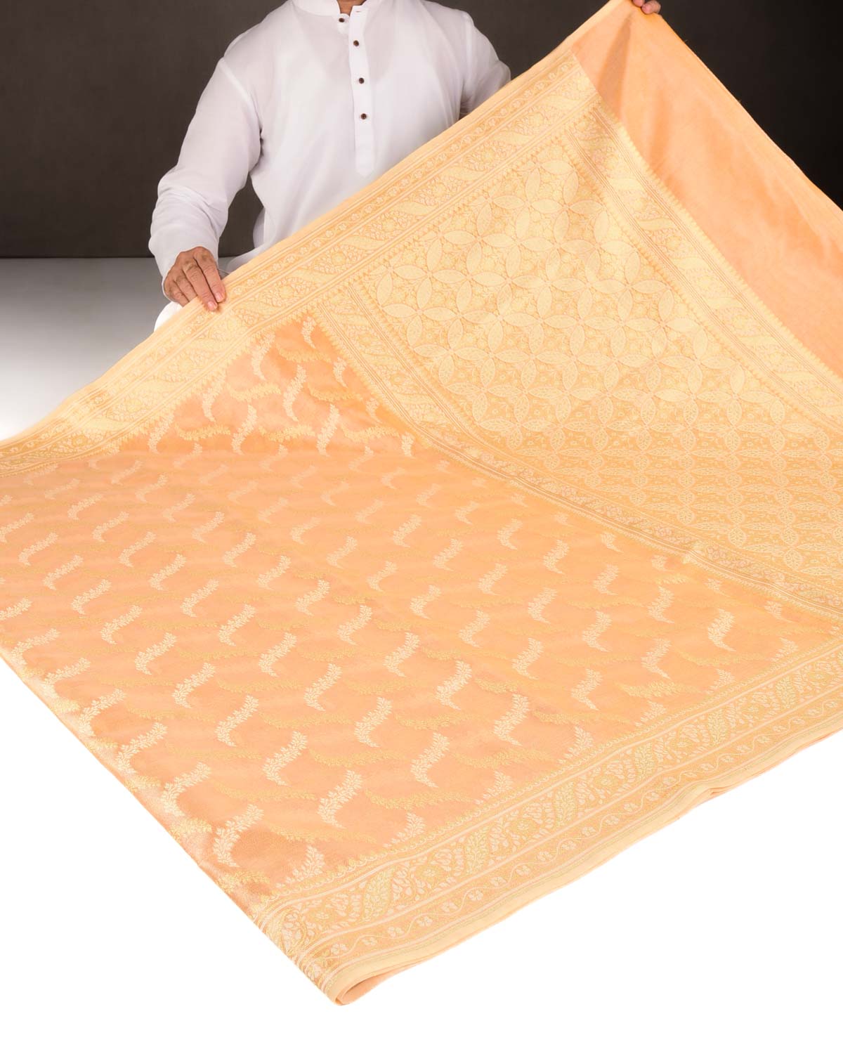 Metallic Yellow Gold Zari And White Resham Jaal Cutwork Brocade Woven Art Cotton Tissue Banarasi Saree-HolyWeaves