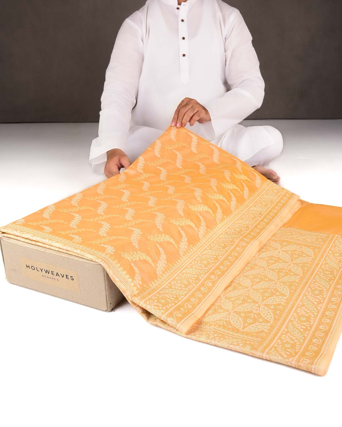 Metallic Yellow Gold Zari And White Resham Jaal Cutwork Brocade Woven Art Cotton Tissue Banarasi Saree-HolyWeaves