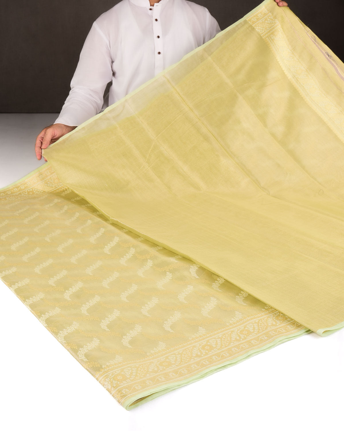 Metallic Green Gold Zari And White Resham Jaal Cutwork Brocade Woven Art Cotton Tissue Banarasi Saree