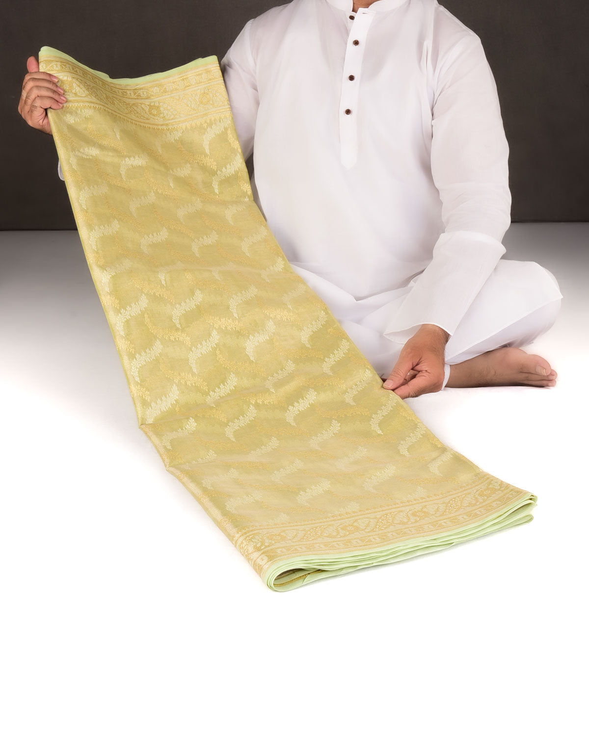 Metallic Green Gold Zari And White Resham Jaal Cutwork Brocade Woven Art Cotton Tissue Banarasi Saree