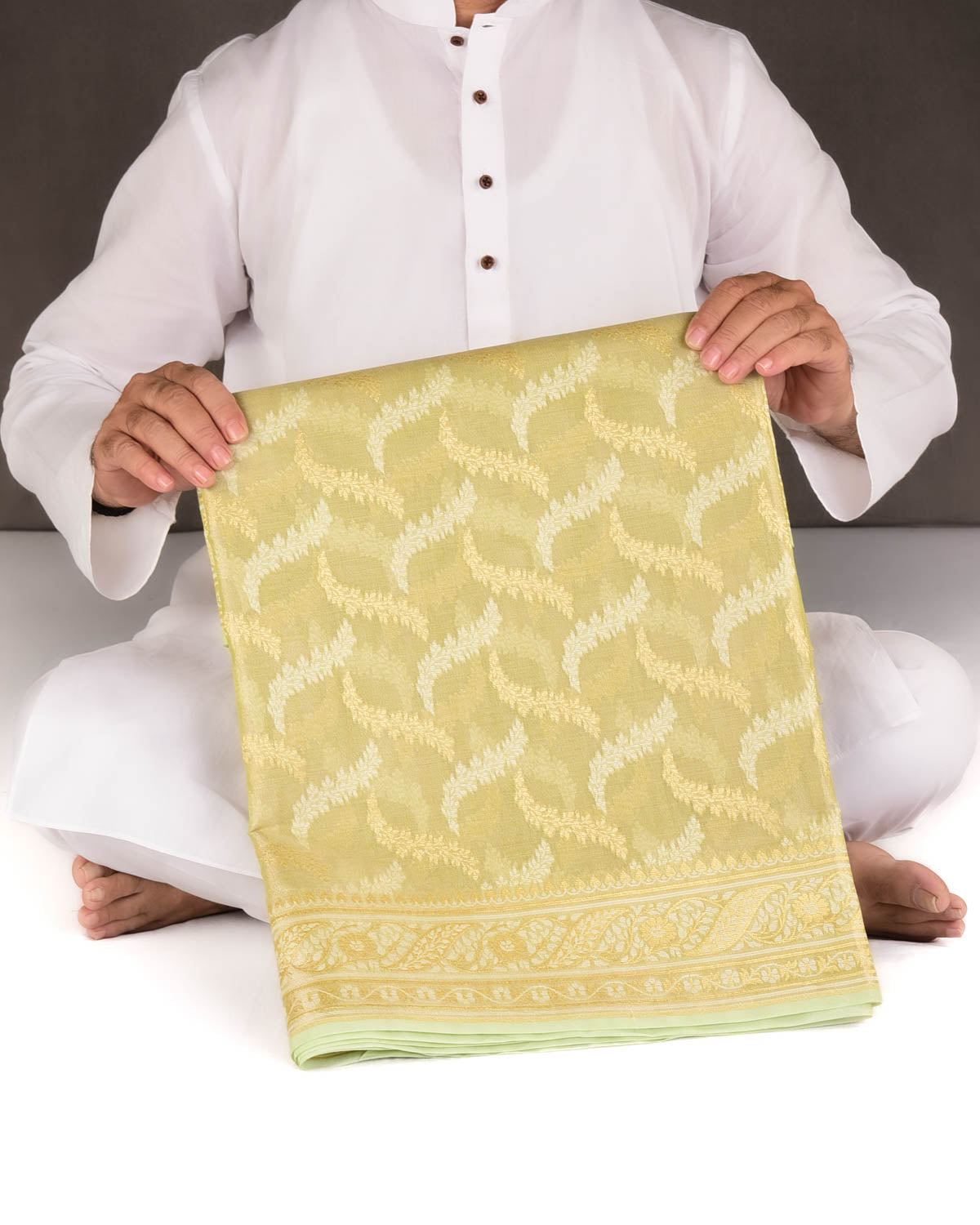 Metallic Green Gold Zari And White Resham Jaal Cutwork Brocade Woven Art Cotton Tissue Banarasi Saree