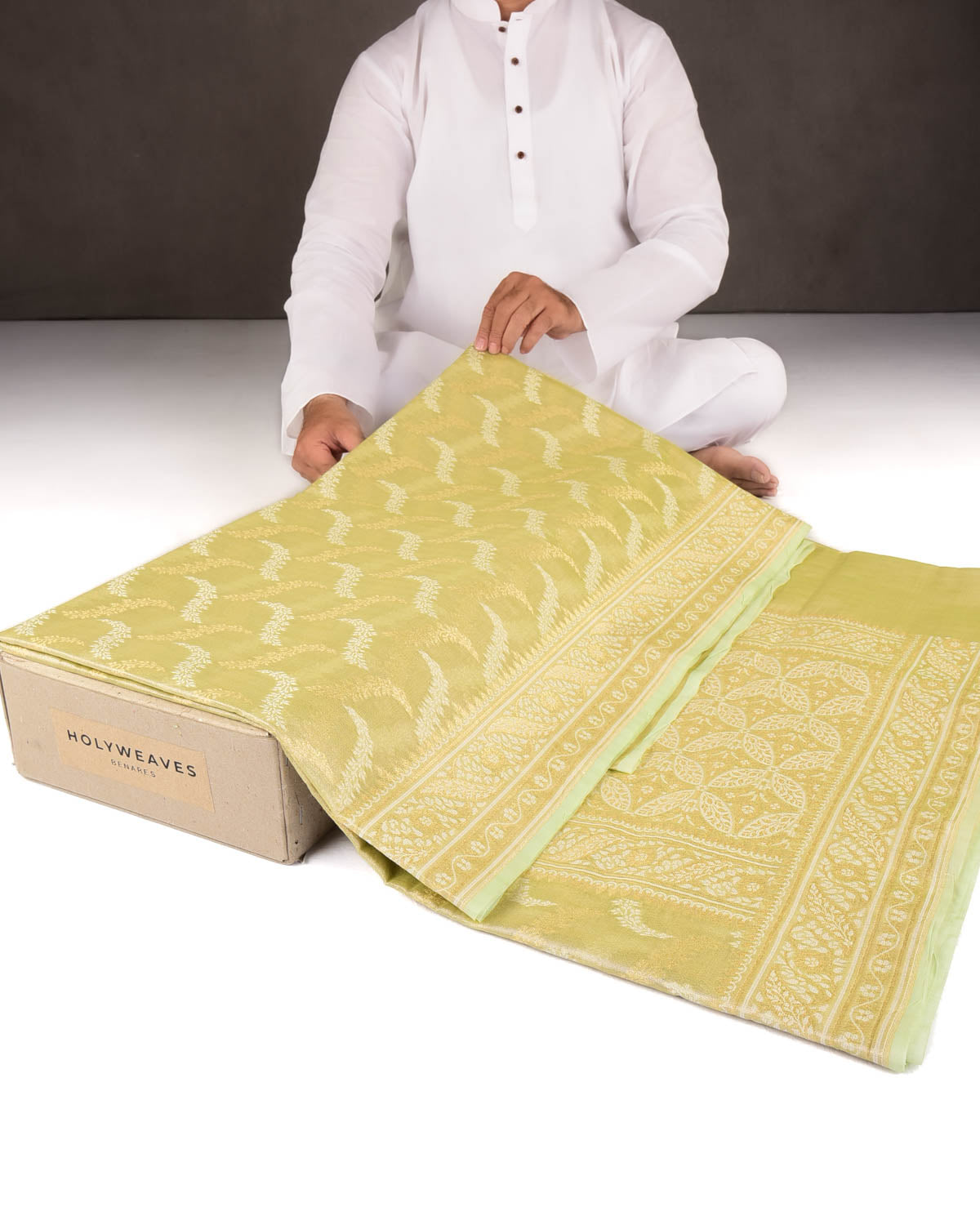 Metallic Green Gold Zari And White Resham Jaal Cutwork Brocade Woven Art Cotton Tissue Banarasi Saree