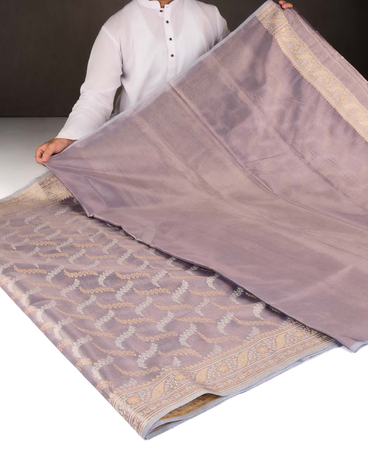 Metallic Blue-Gray Gold Zari And White Resham Jaal Cutwork Brocade Woven Art Cotton Tissue Banarasi Saree