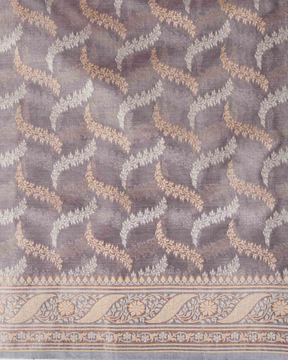 Metallic Blue-Gray Gold Zari And White Resham Jaal Cutwork Brocade Woven Art Cotton Tissue Banarasi Saree
