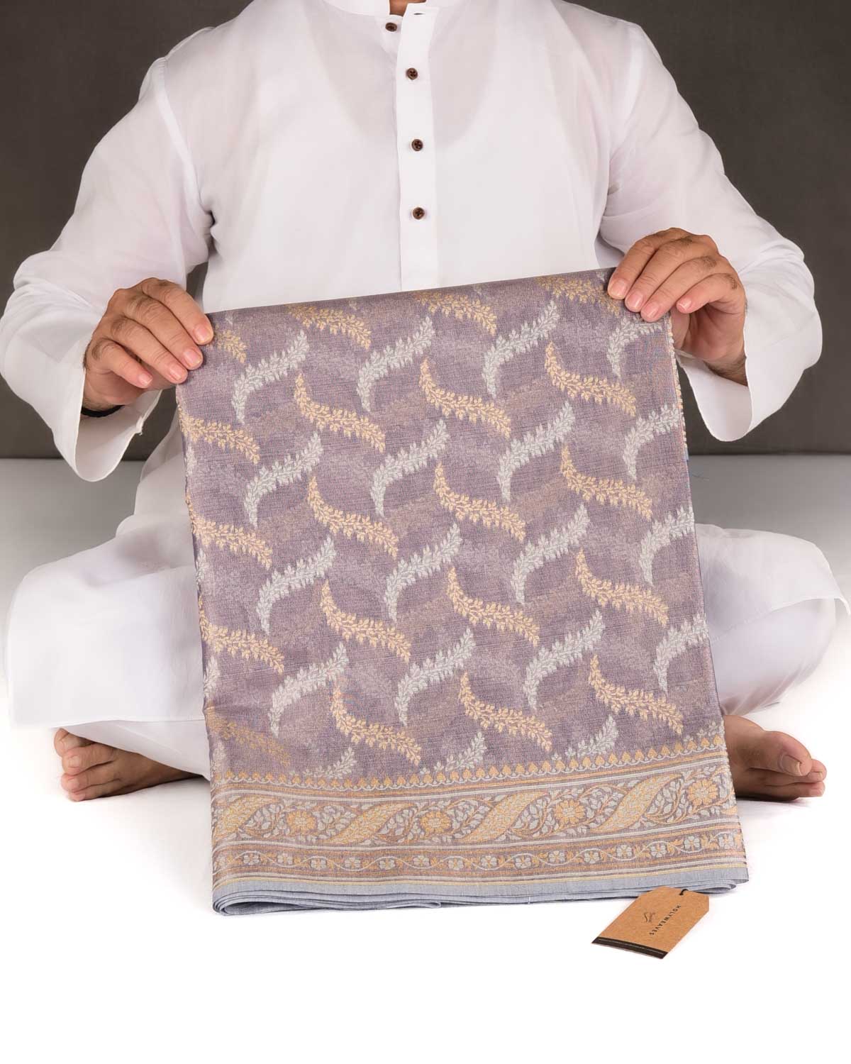 Metallic Blue-Gray Gold Zari And White Resham Jaal Cutwork Brocade Woven Art Cotton Tissue Banarasi Saree