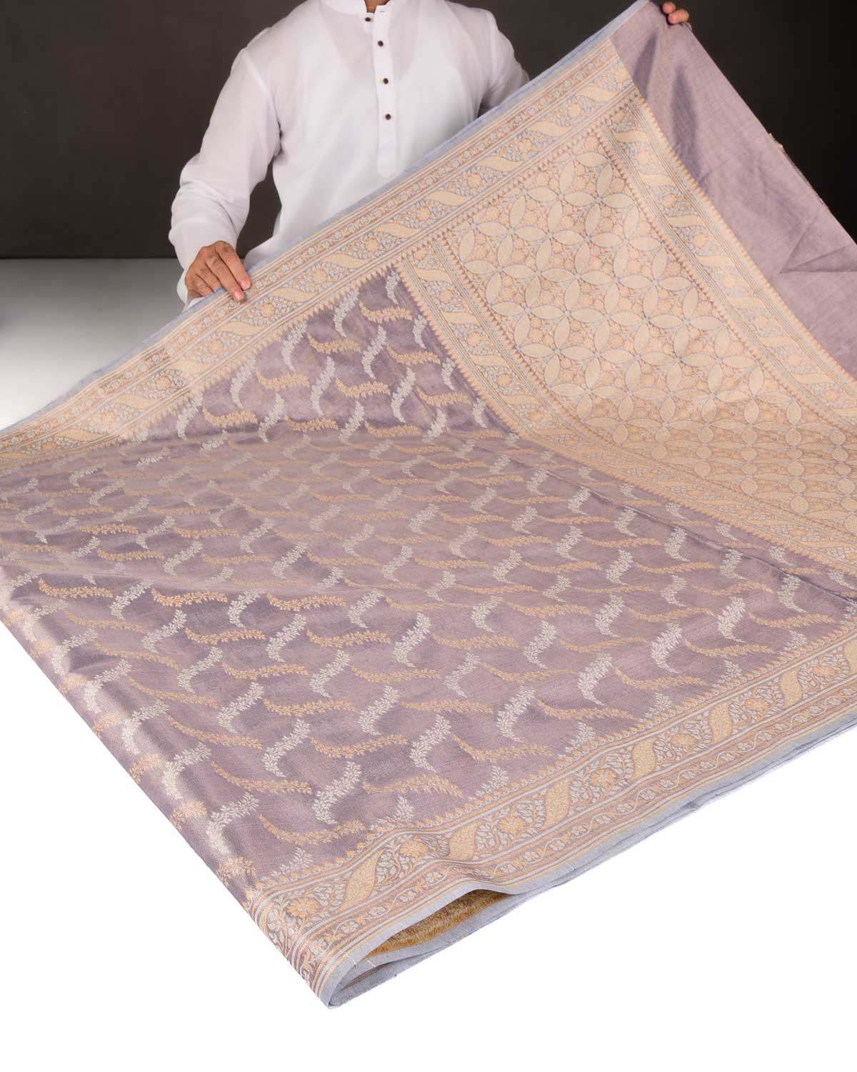 Metallic Blue-Gray Gold Zari And White Resham Jaal Cutwork Brocade Woven Art Cotton Tissue Banarasi Saree