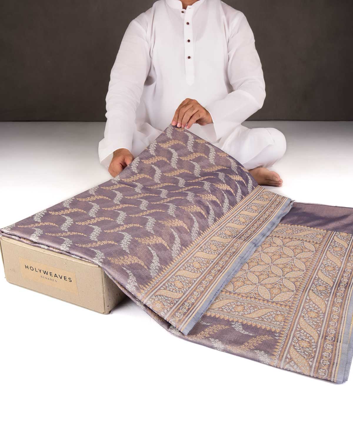 Metallic Blue-Gray Gold Zari And White Resham Jaal Cutwork Brocade Woven Art Cotton Tissue Banarasi Saree