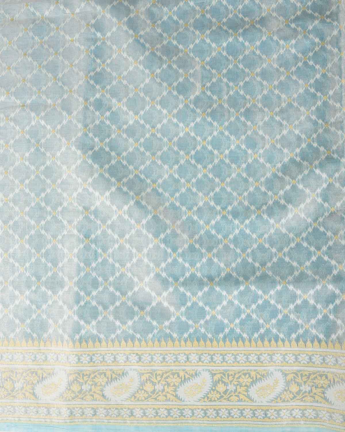 Metallic Ferozi Gold Zari And White Resham Jaal Cutwork Brocade Woven Art Cotton Tissue Banarasi Saree