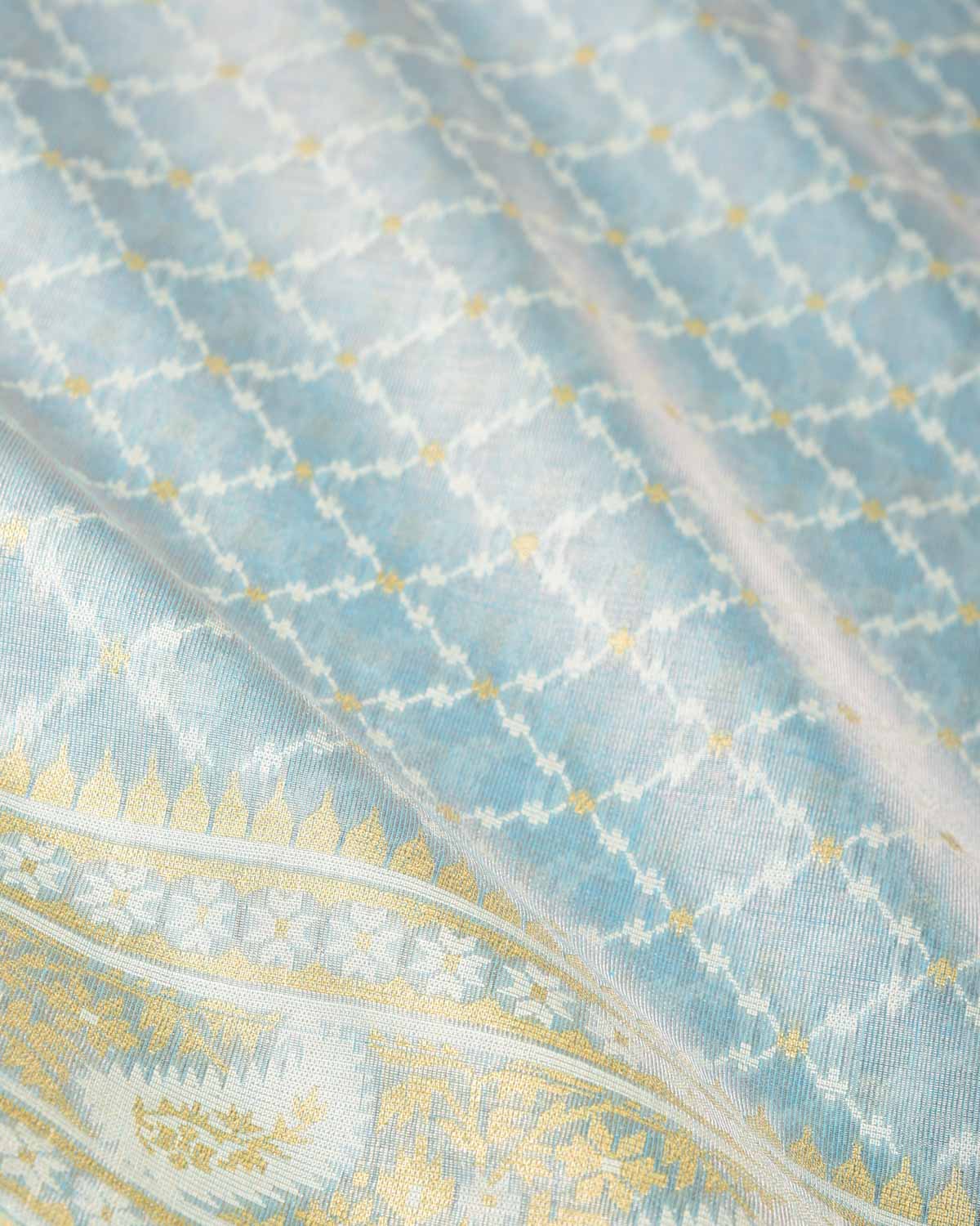 Metallic Ferozi Gold Zari And White Resham Jaal Cutwork Brocade Woven Art Cotton Tissue Banarasi Saree