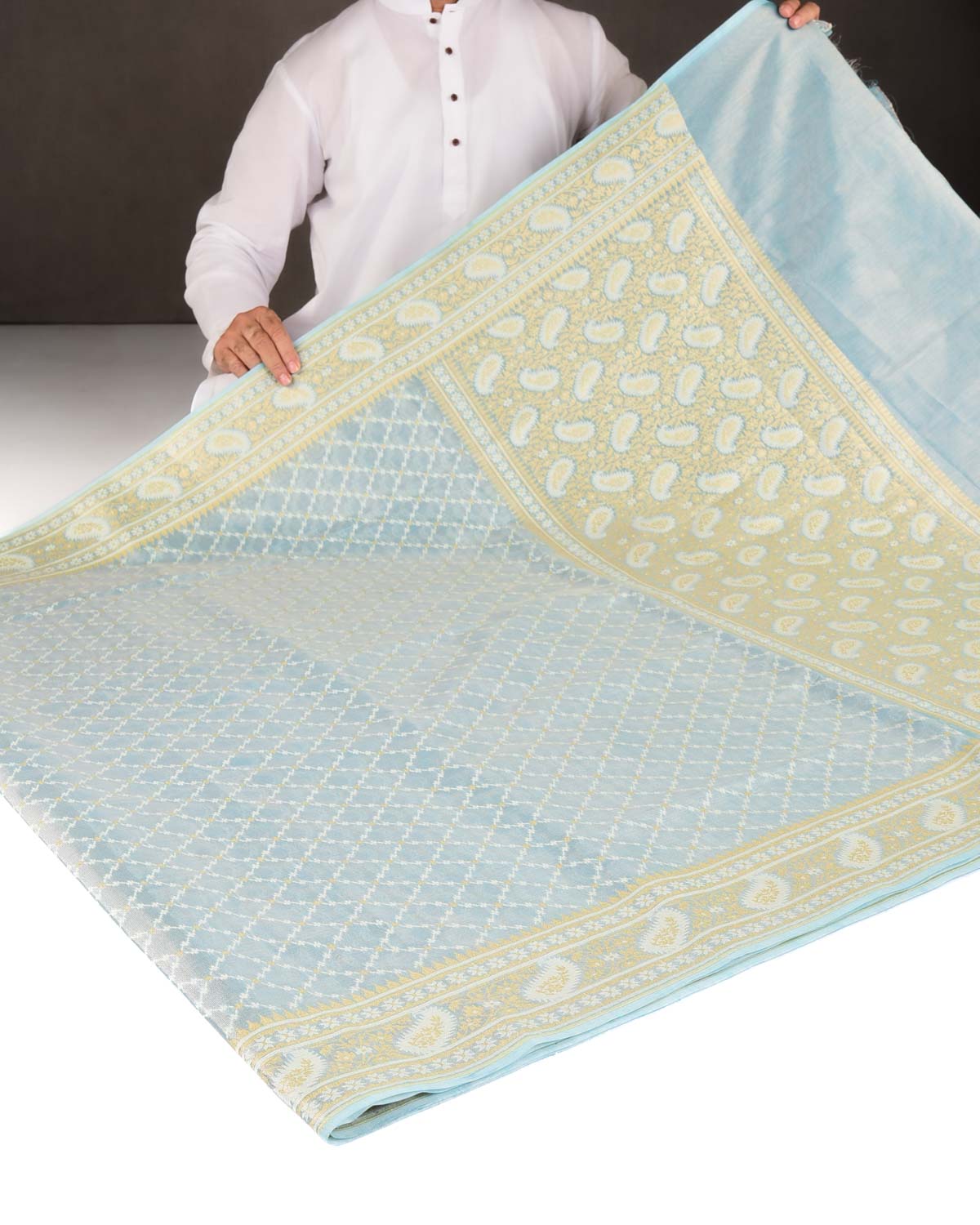 Metallic Ferozi Gold Zari And White Resham Jaal Cutwork Brocade Woven Art Cotton Tissue Banarasi Saree