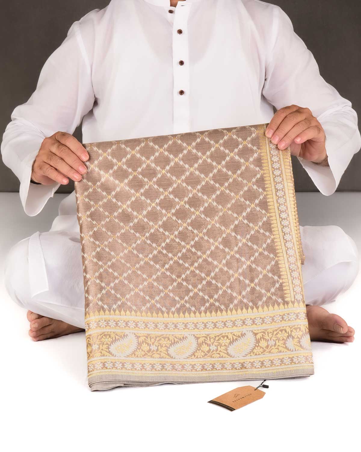 Metallic Brown Gold Zari And White Resham Jaal Cutwork Brocade Woven Art Cotton Tissue Banarasi Saree-HolyWeaves