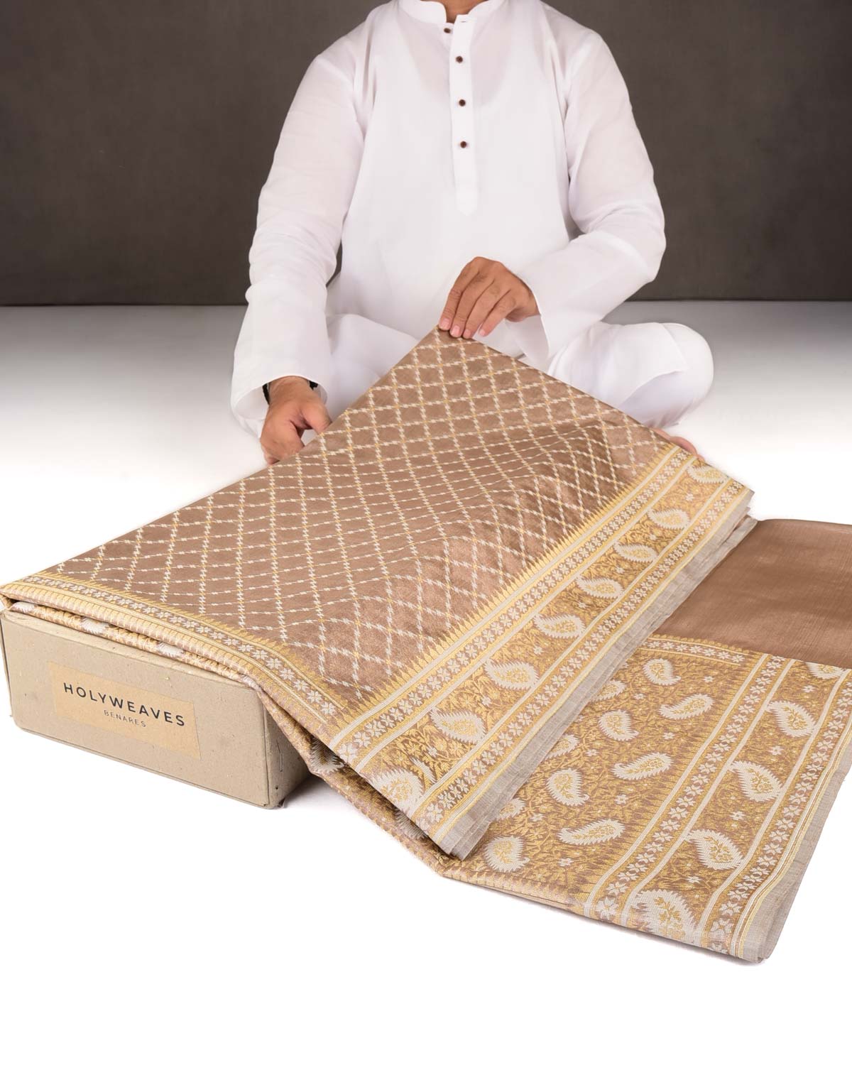 Metallic Brown Gold Zari And White Resham Jaal Cutwork Brocade Woven Art Cotton Tissue Banarasi Saree-HolyWeaves