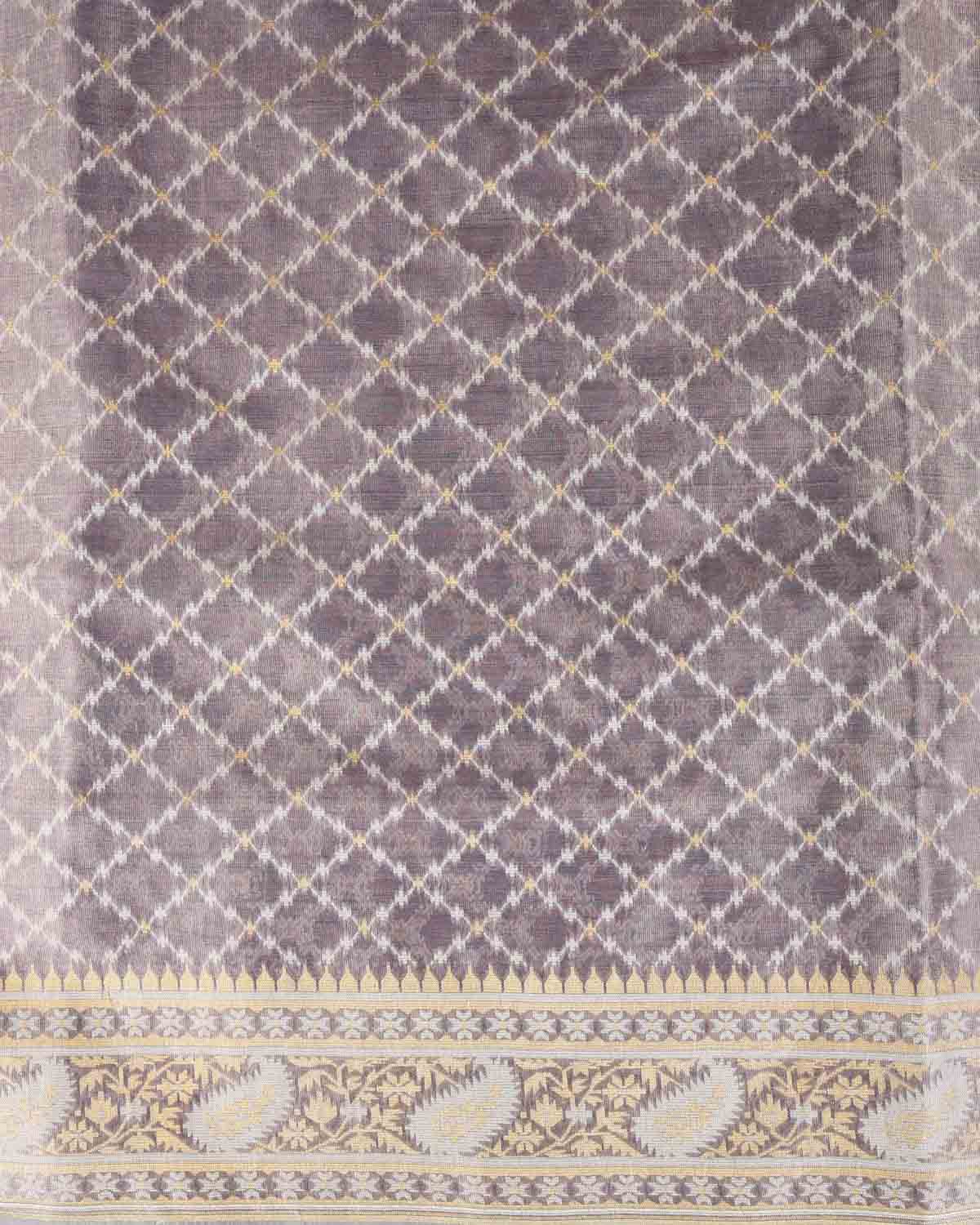 Metallic Blue-Gray Gold Zari And White Resham Jaal Cutwork Brocade Woven Art Cotton Tissue Banarasi Saree