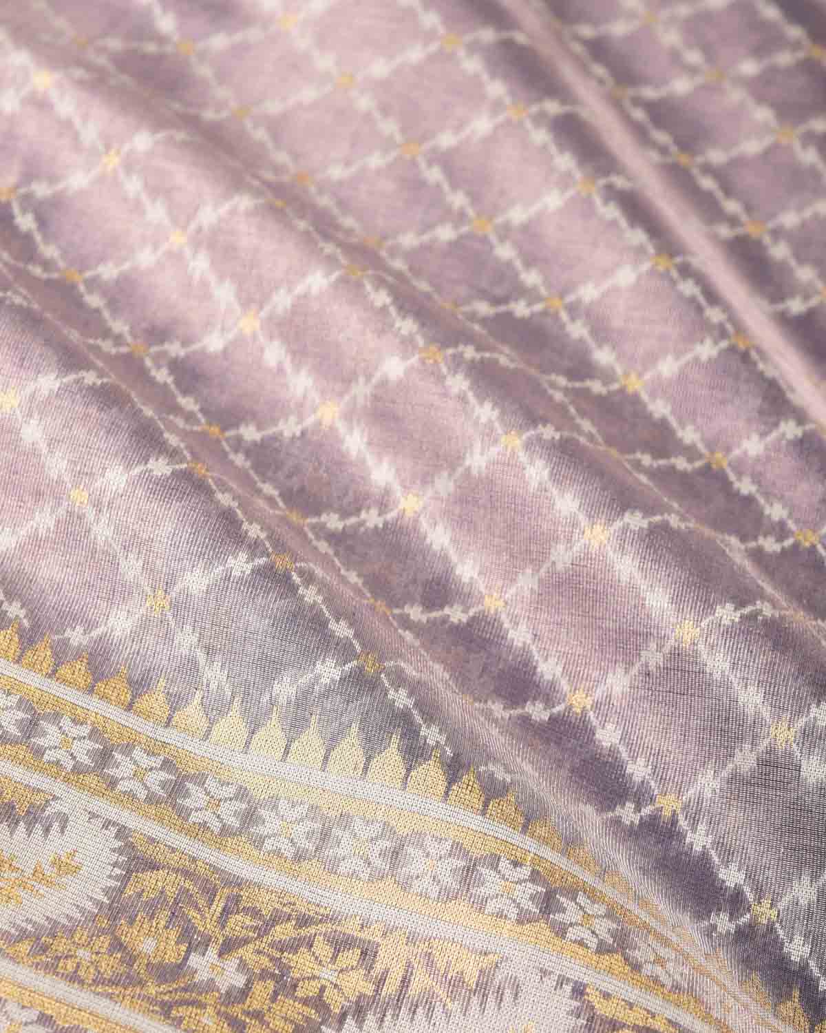 Metallic Blue-Gray Gold Zari And White Resham Jaal Cutwork Brocade Woven Art Cotton Tissue Banarasi Saree
