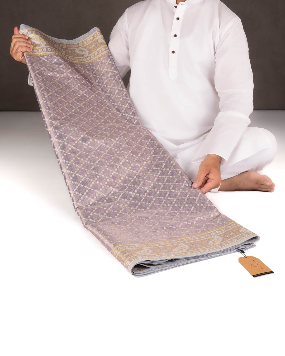 Metallic Blue-Gray Gold Zari And White Resham Jaal Cutwork Brocade Woven Art Cotton Tissue Banarasi Saree