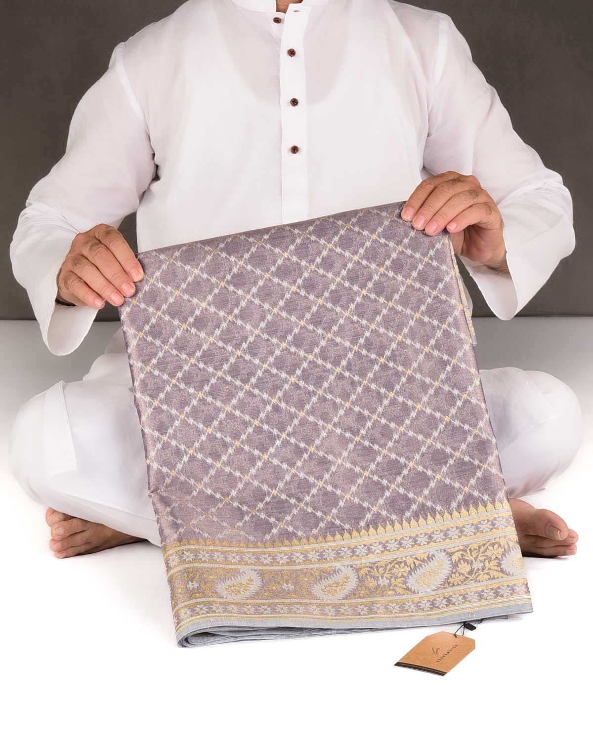 Metallic Blue-Gray Gold Zari And White Resham Jaal Cutwork Brocade Woven Art Cotton Tissue Banarasi Saree
