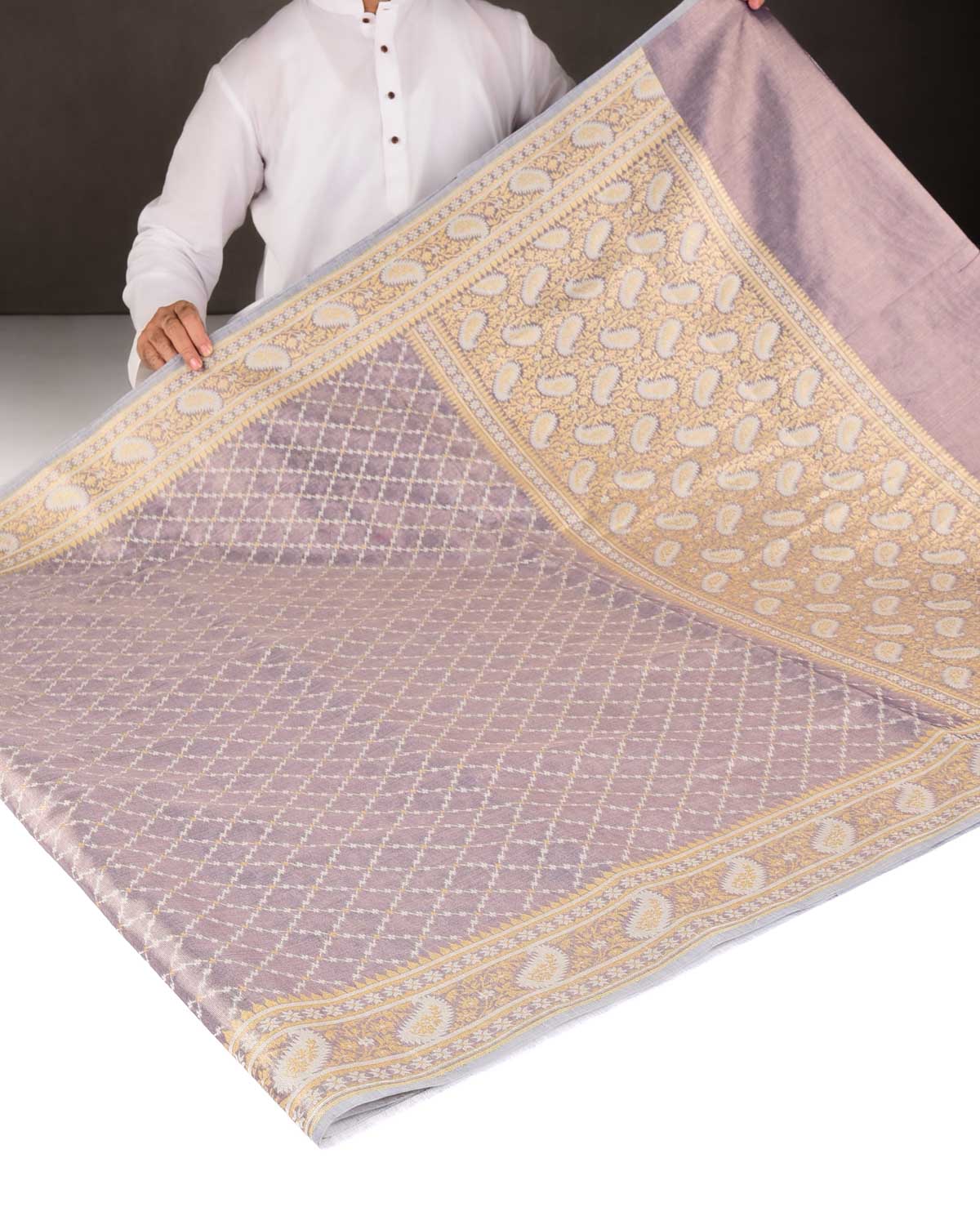 Metallic Blue-Gray Gold Zari And White Resham Jaal Cutwork Brocade Woven Art Cotton Tissue Banarasi Saree