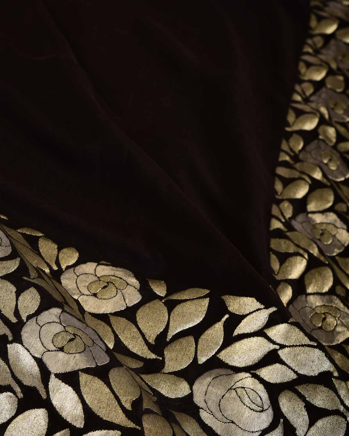 Black Gold & Silver Zari Gulab Bel Kadhuan Brocade Handwoven Khaddi Georgette Banarasi Saree-HolyWeaves