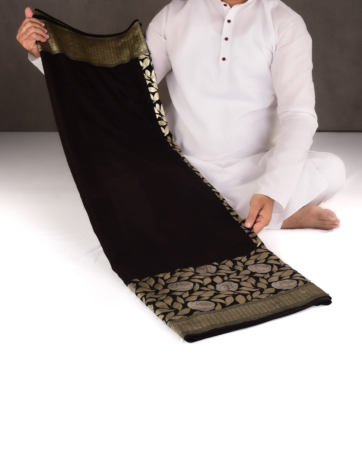 Black Gold & Silver Zari Gulab Bel Kadhuan Brocade Handwoven Khaddi Georgette Banarasi Saree-HolyWeaves