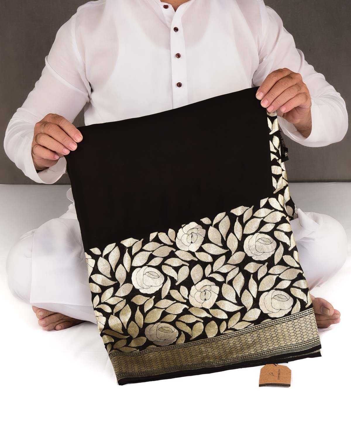 Black Gold & Silver Zari Gulab Bel Kadhuan Brocade Handwoven Khaddi Georgette Banarasi Saree-HolyWeaves