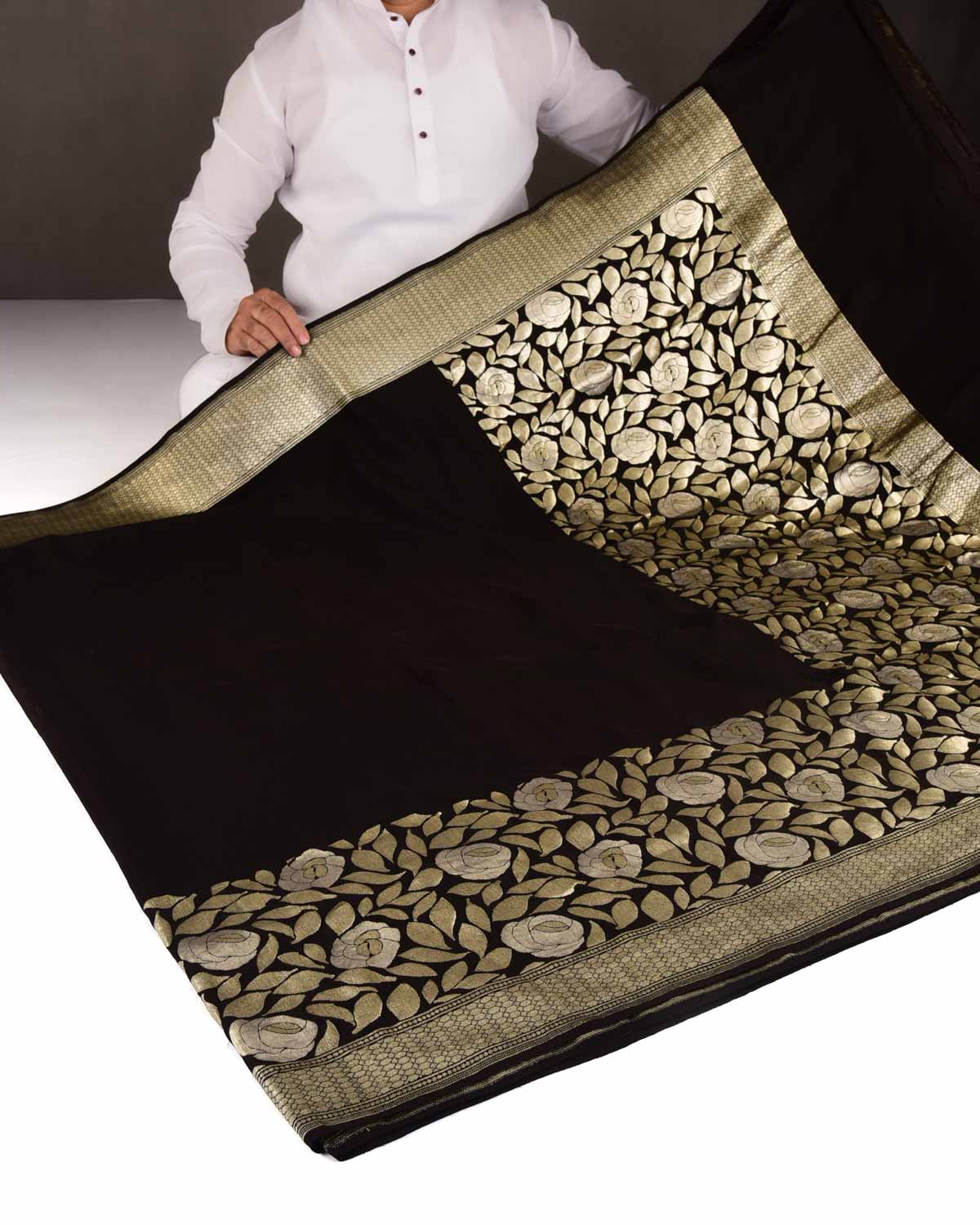 Black Gold & Silver Zari Gulab Bel Kadhuan Brocade Handwoven Khaddi Georgette Banarasi Saree-HolyWeaves