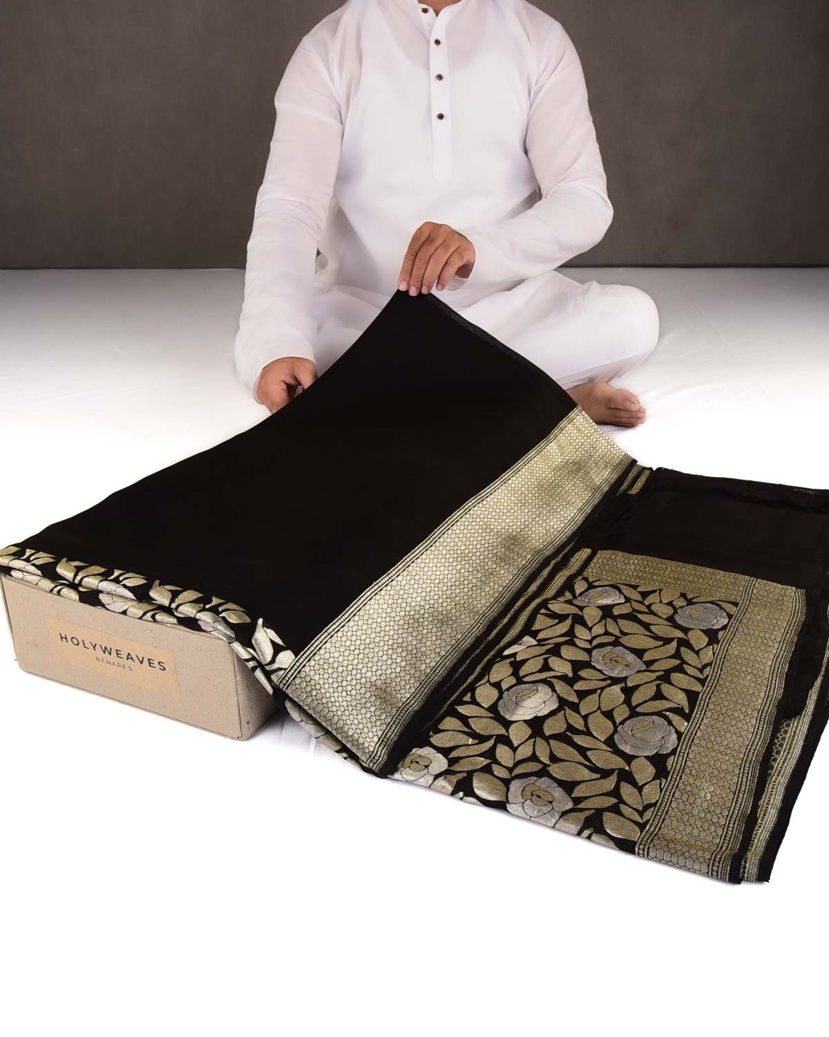 Black Gold & Silver Zari Gulab Bel Kadhuan Brocade Handwoven Khaddi Georgette Banarasi Saree-HolyWeaves