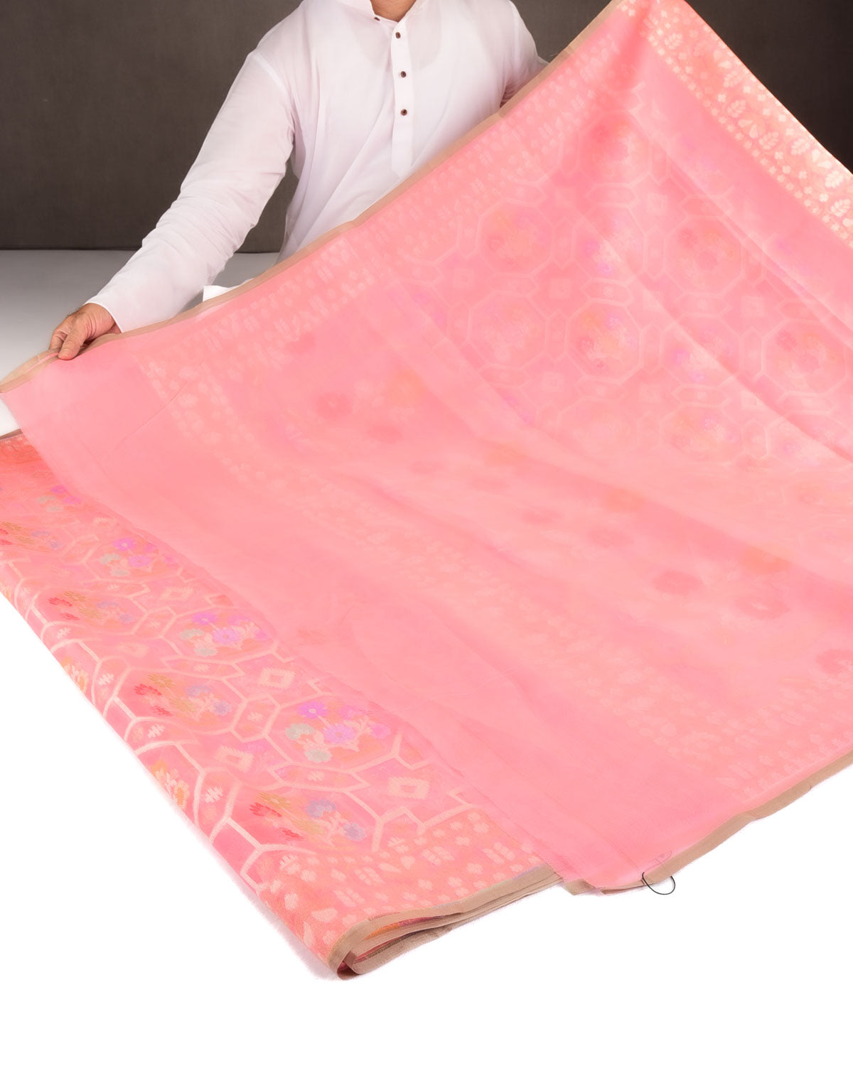 Pink Gold & Silver Zari and Resham Meenekari Cutwork Brocade Handwoven Kora Silk Banarasi Saree