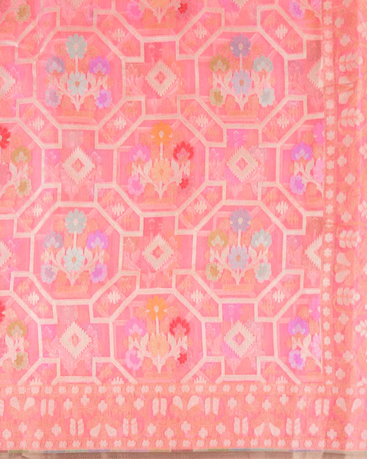 Pink Gold & Silver Zari and Resham Meenekari Cutwork Brocade Handwoven Kora Silk Banarasi Saree