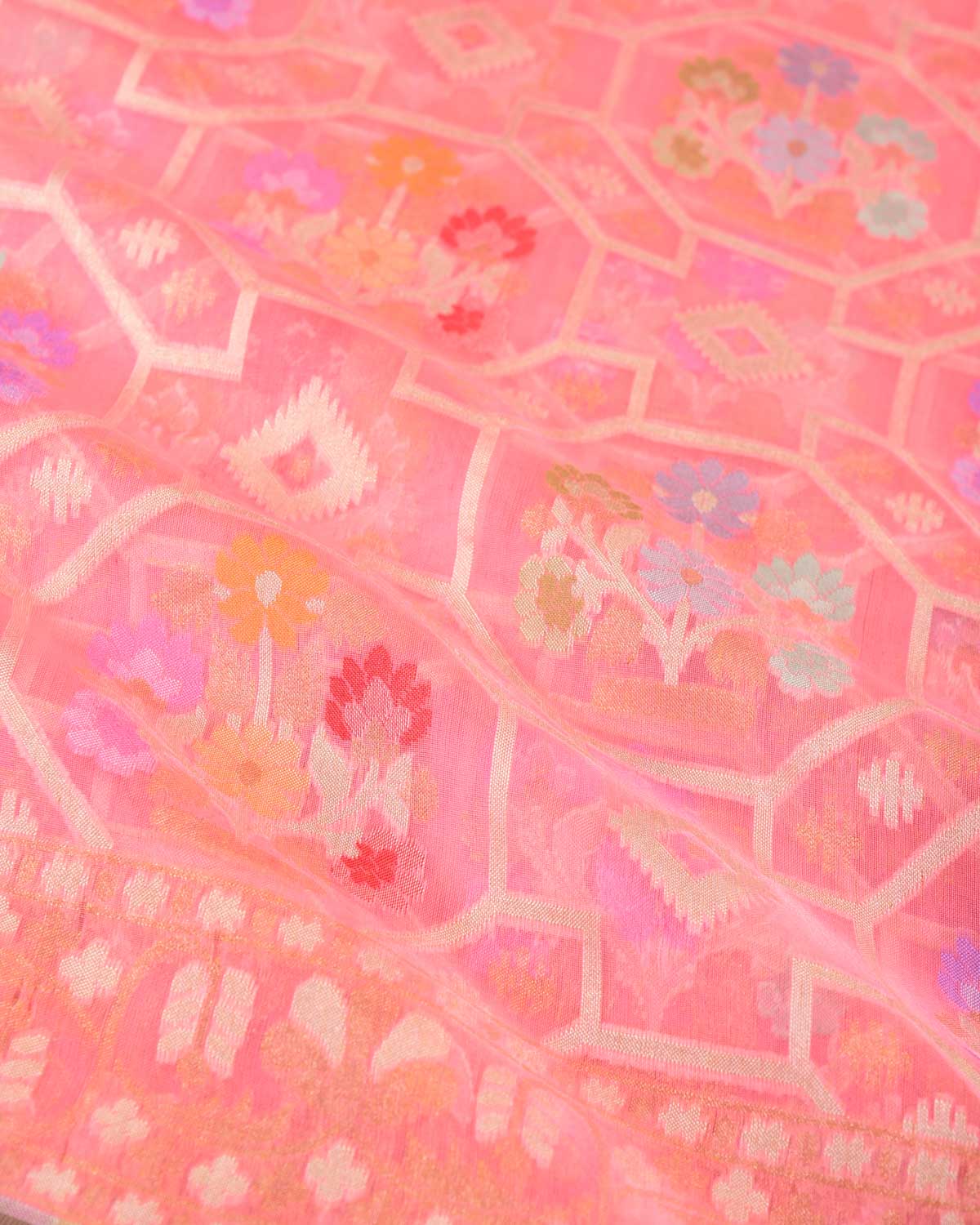 Pink Gold & Silver Zari and Resham Meenekari Cutwork Brocade Handwoven Kora Silk Banarasi Saree