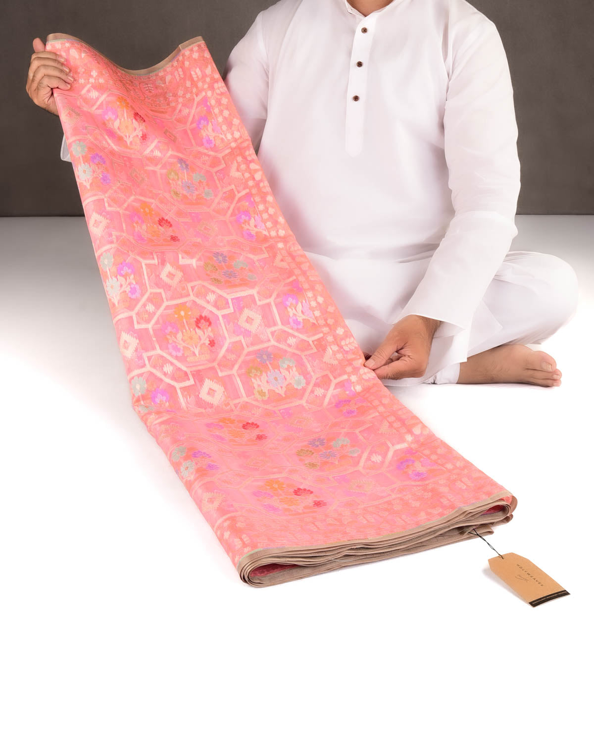 Pink Gold & Silver Zari and Resham Meenekari Cutwork Brocade Handwoven Kora Silk Banarasi Saree