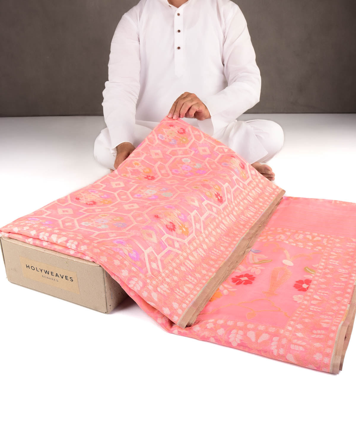 Pink Gold & Silver Zari and Resham Meenekari Cutwork Brocade Handwoven Kora Silk Banarasi Saree