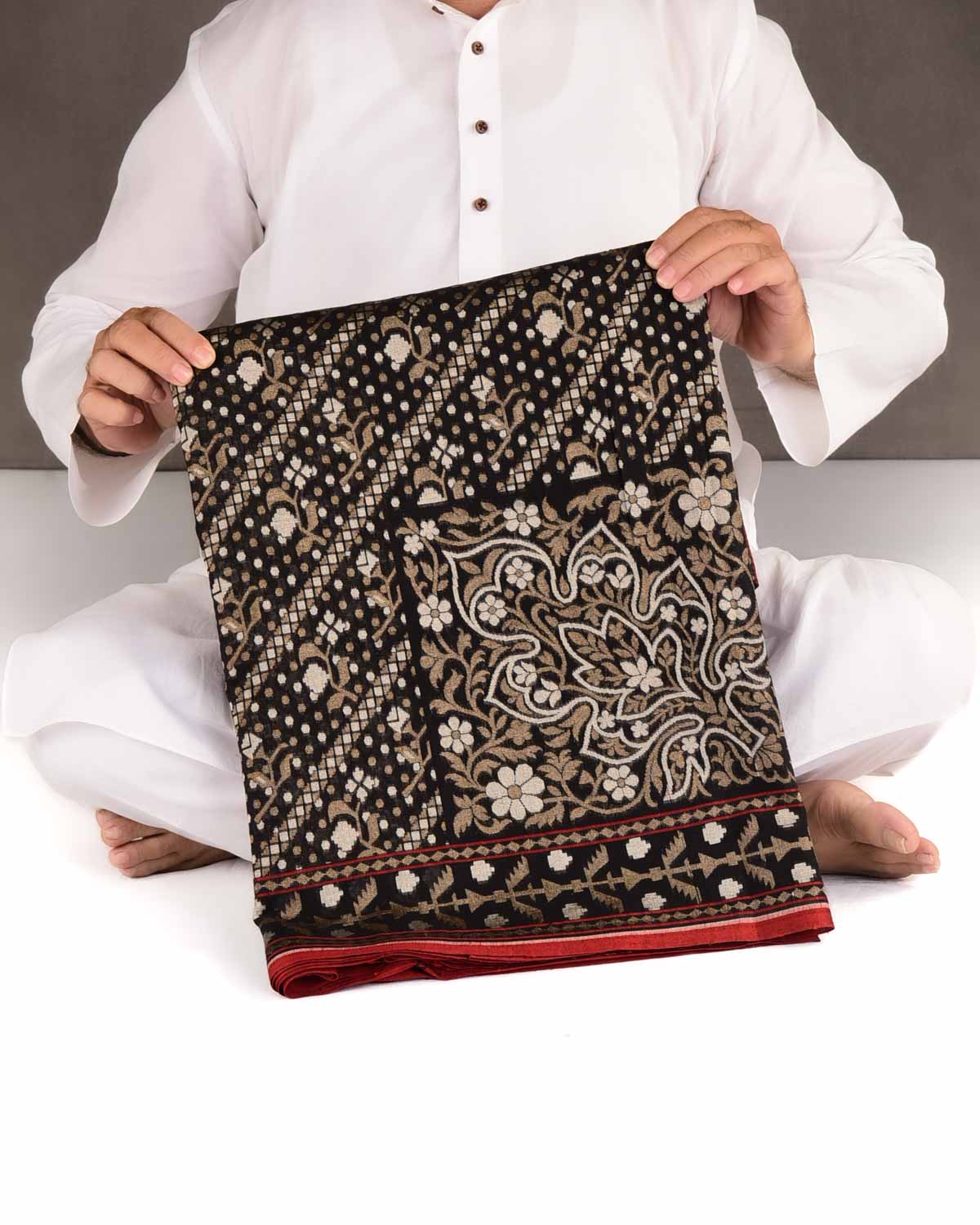 Black Krishnambari Gold & Silver Zari Cutwork Brocade Handwoven Cotton Banarasi Saree with Koniya Buta-HolyWeaves