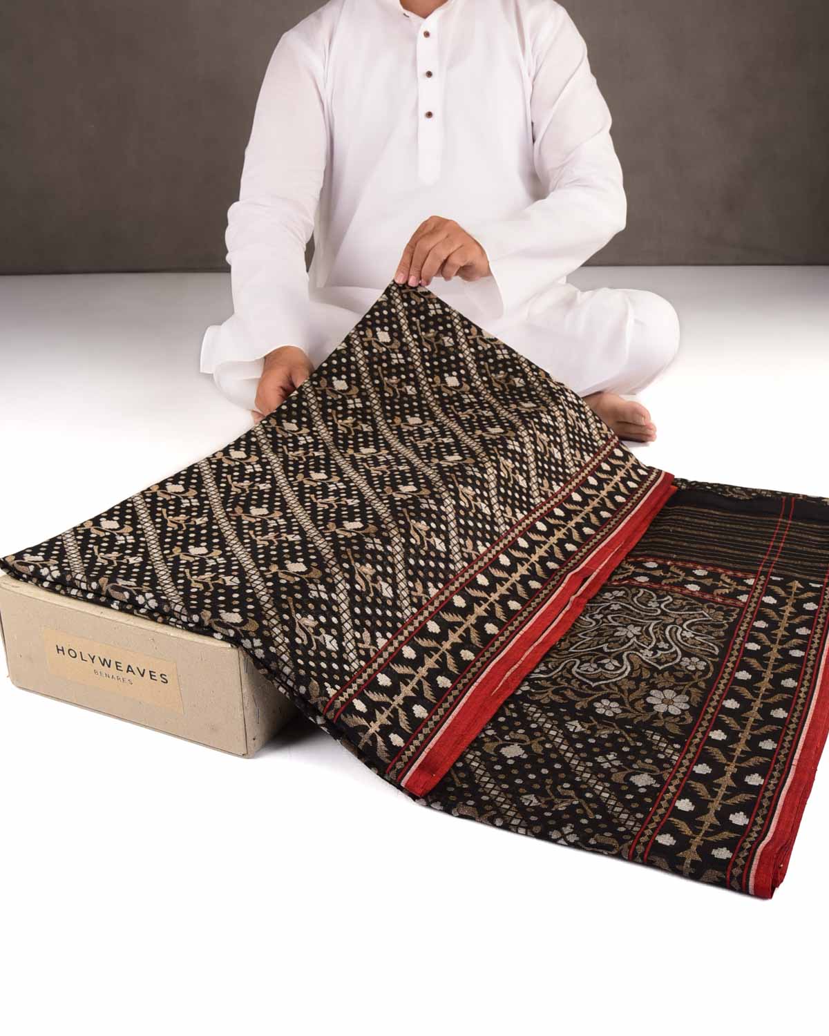 Black Krishnambari Gold & Silver Zari Cutwork Brocade Handwoven Cotton Banarasi Saree with Koniya Buta-HolyWeaves