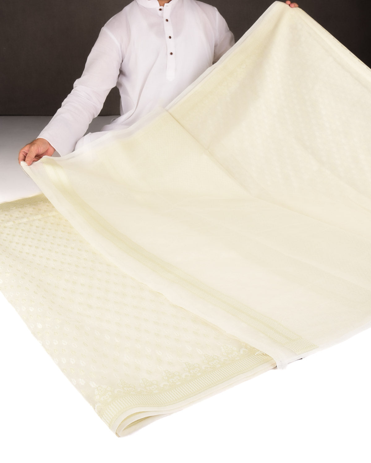 Ivory White Zari & Resham Buti Cutwork Brocade Woven Art Cotton Silk Banarasi Saree-HolyWeaves