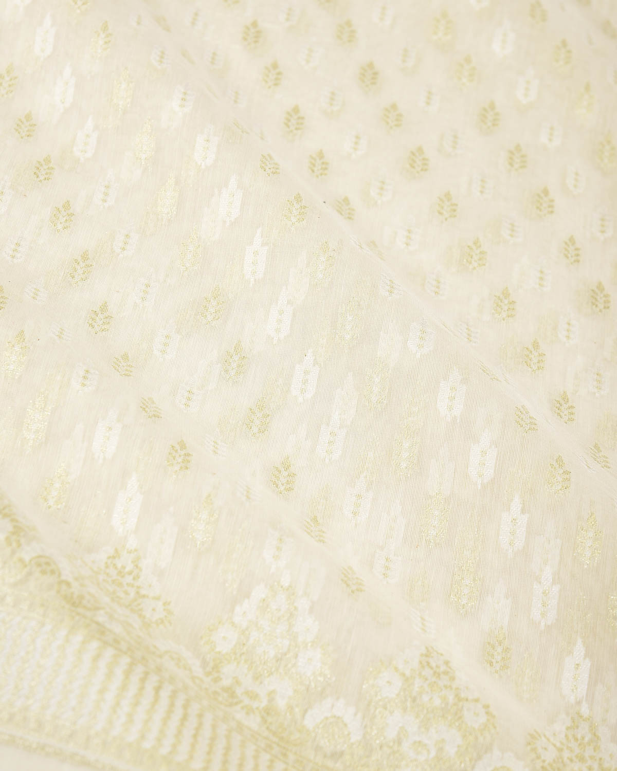 Ivory White Zari & Resham Buti Cutwork Brocade Woven Art Cotton Silk Banarasi Saree-HolyWeaves