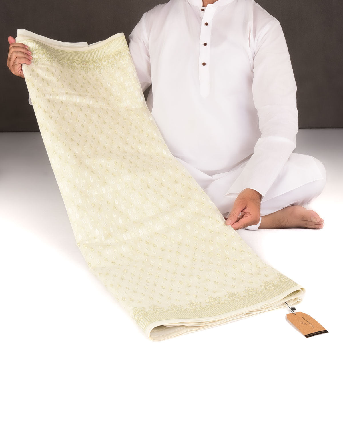 Ivory White Zari & Resham Buti Cutwork Brocade Woven Art Cotton Silk Banarasi Saree-HolyWeaves