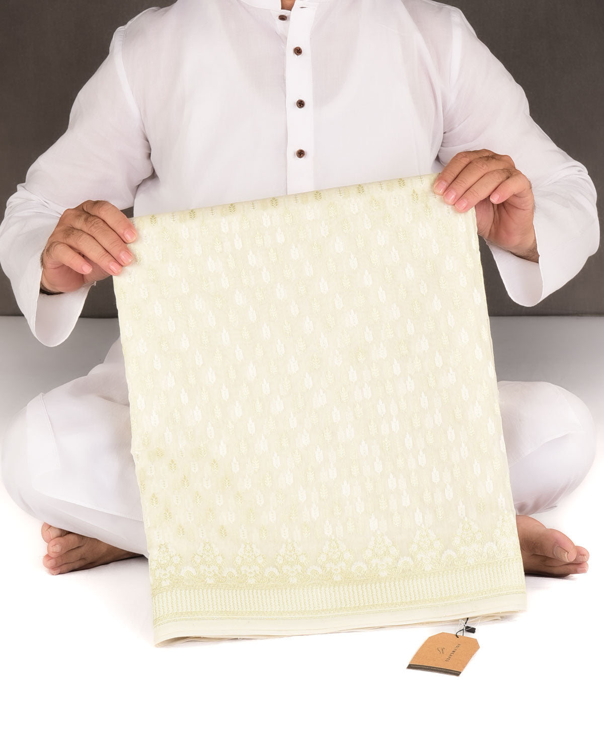 Ivory White Zari & Resham Buti Cutwork Brocade Woven Art Cotton Silk Banarasi Saree-HolyWeaves