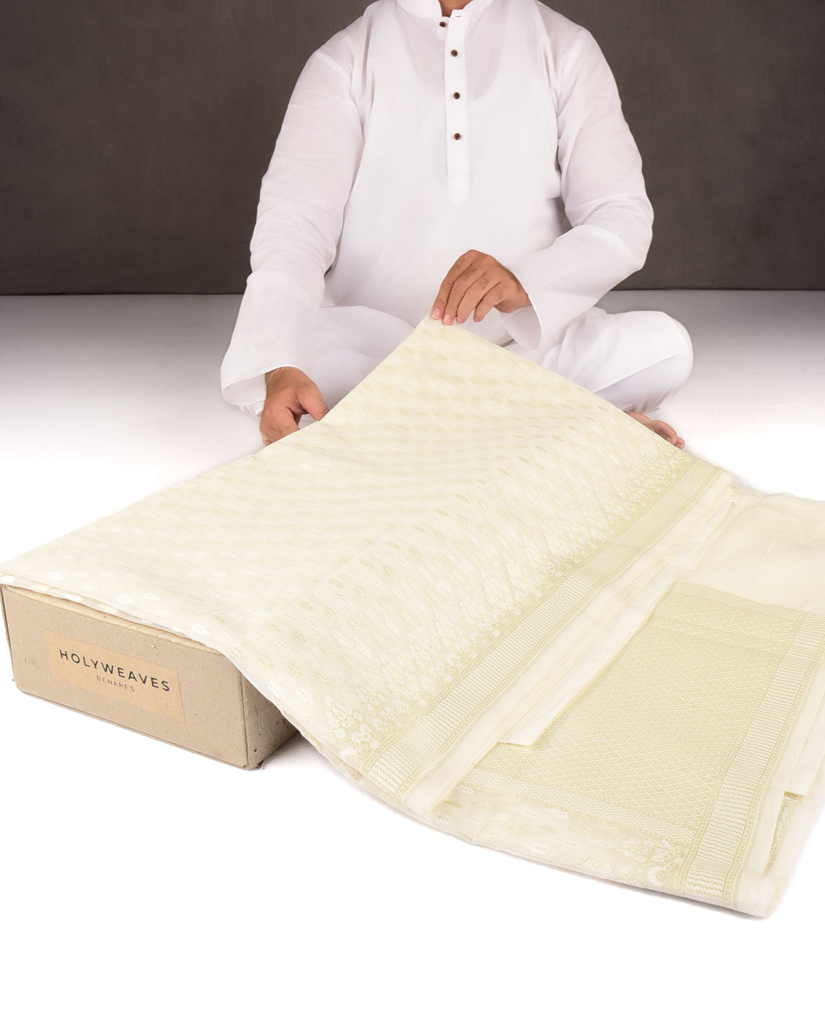 Ivory White Zari & Resham Buti Cutwork Brocade Woven Art Cotton Silk Banarasi Saree-HolyWeaves