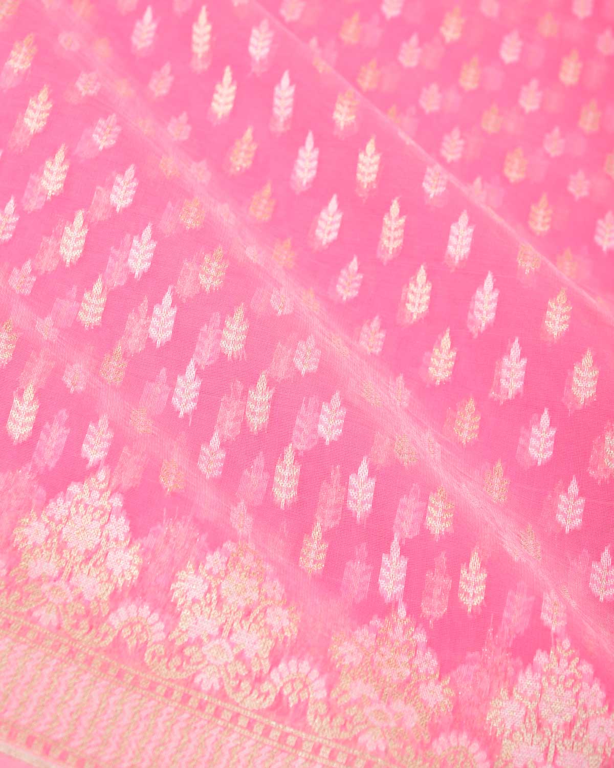 Pink Zari & Resham Buti Cutwork Brocade Woven Art Cotton Silk Banarasi Saree-HolyWeaves