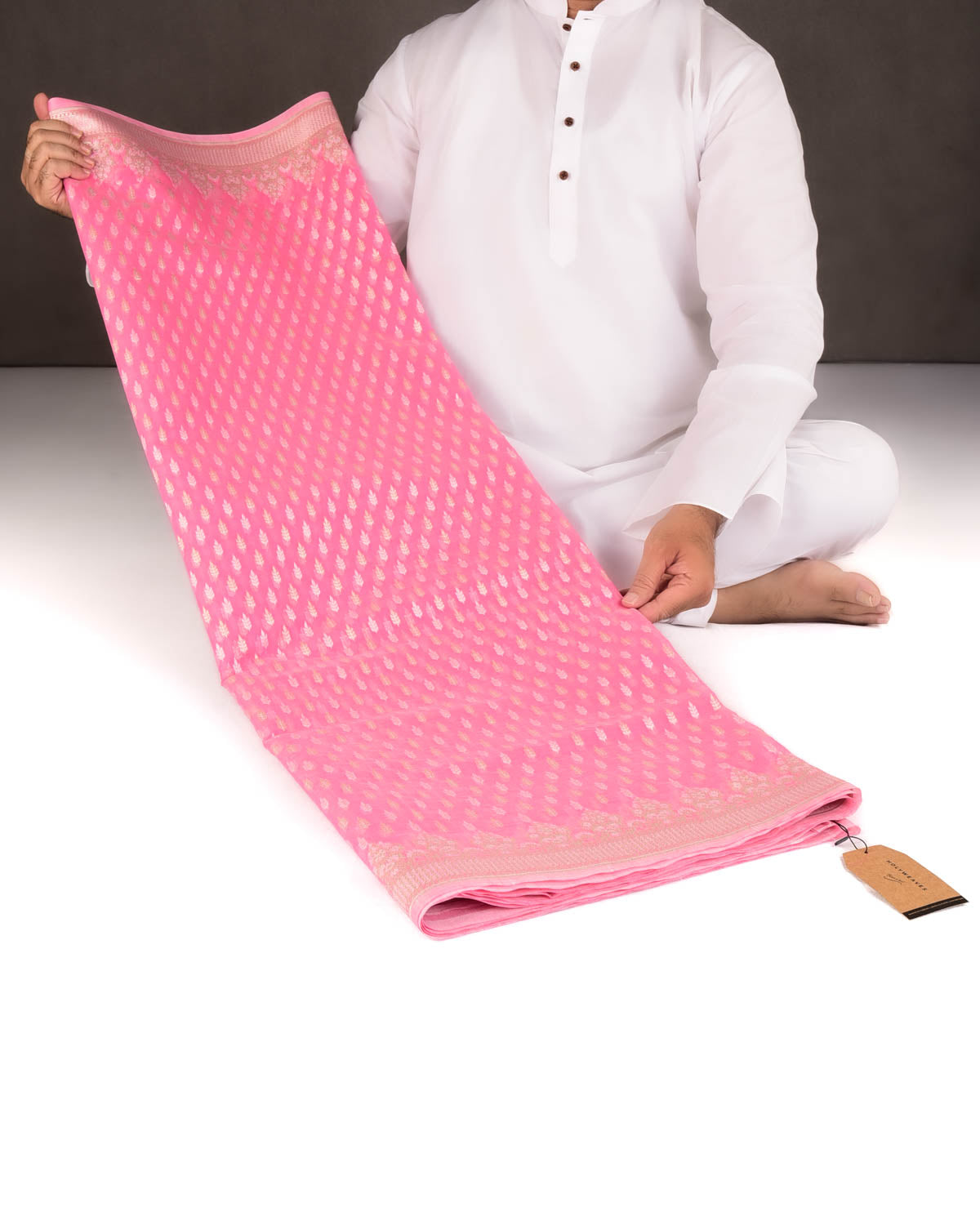 Pink Zari & Resham Buti Cutwork Brocade Woven Art Cotton Silk Banarasi Saree-HolyWeaves