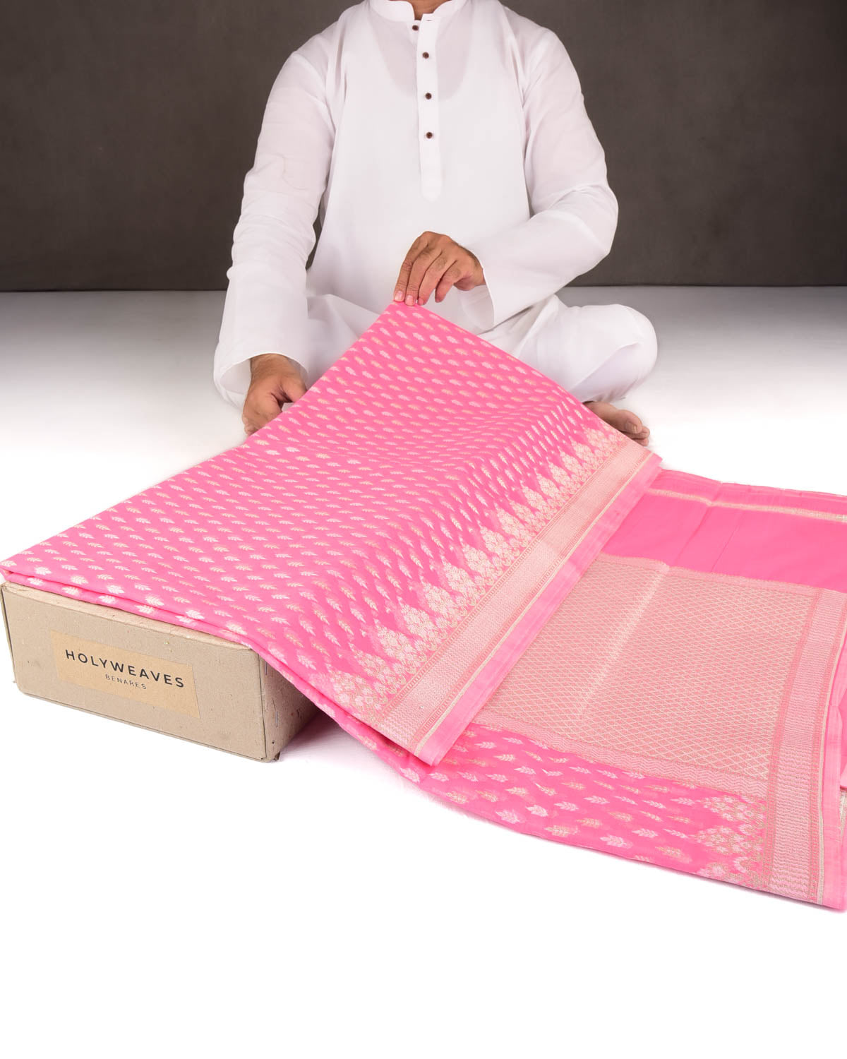 Pink Zari & Resham Buti Cutwork Brocade Woven Art Cotton Silk Banarasi Saree-HolyWeaves