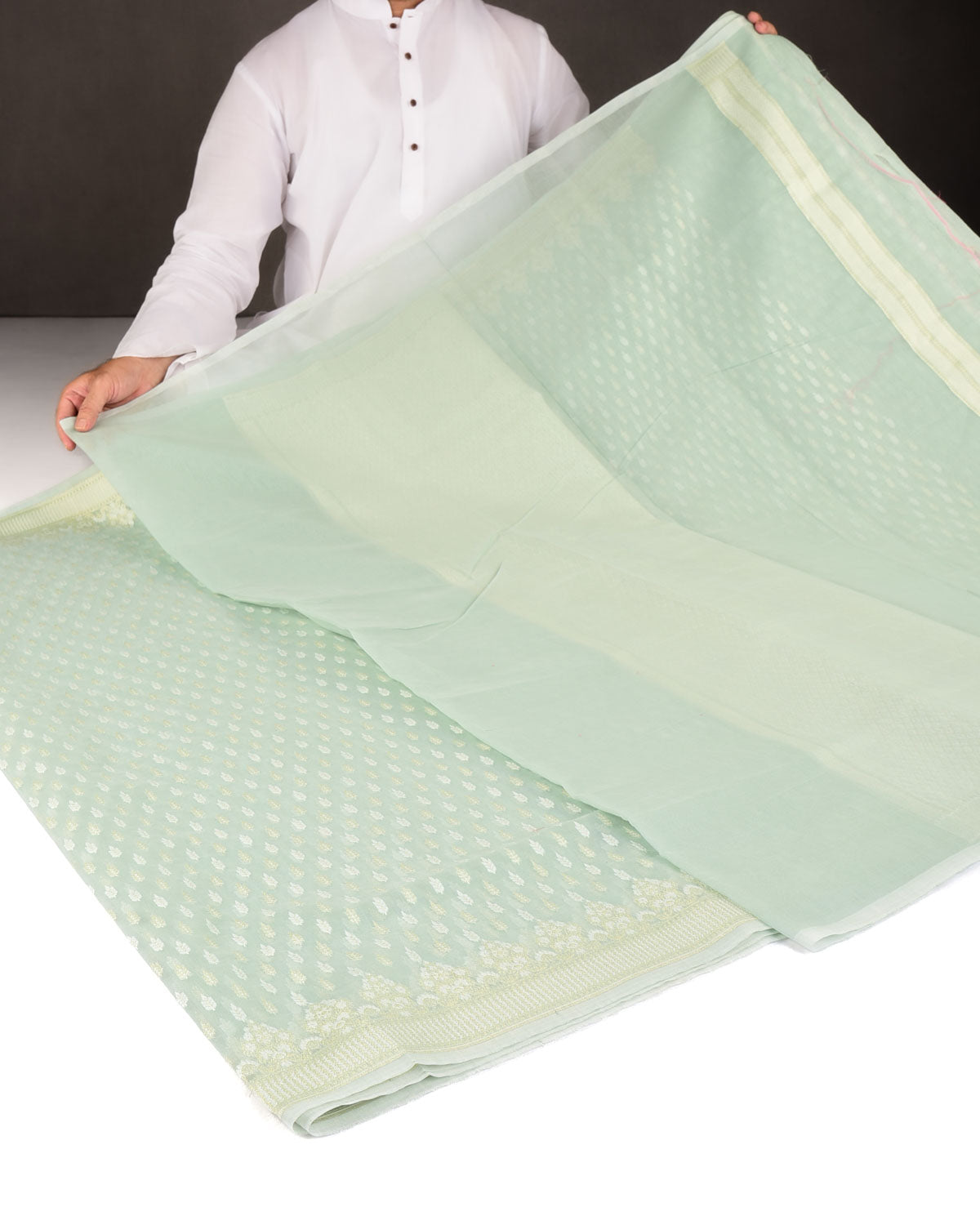 Tiffany Blue Zari & Resham Buti Cutwork Brocade Woven Art Cotton Silk Banarasi Saree-HolyWeaves