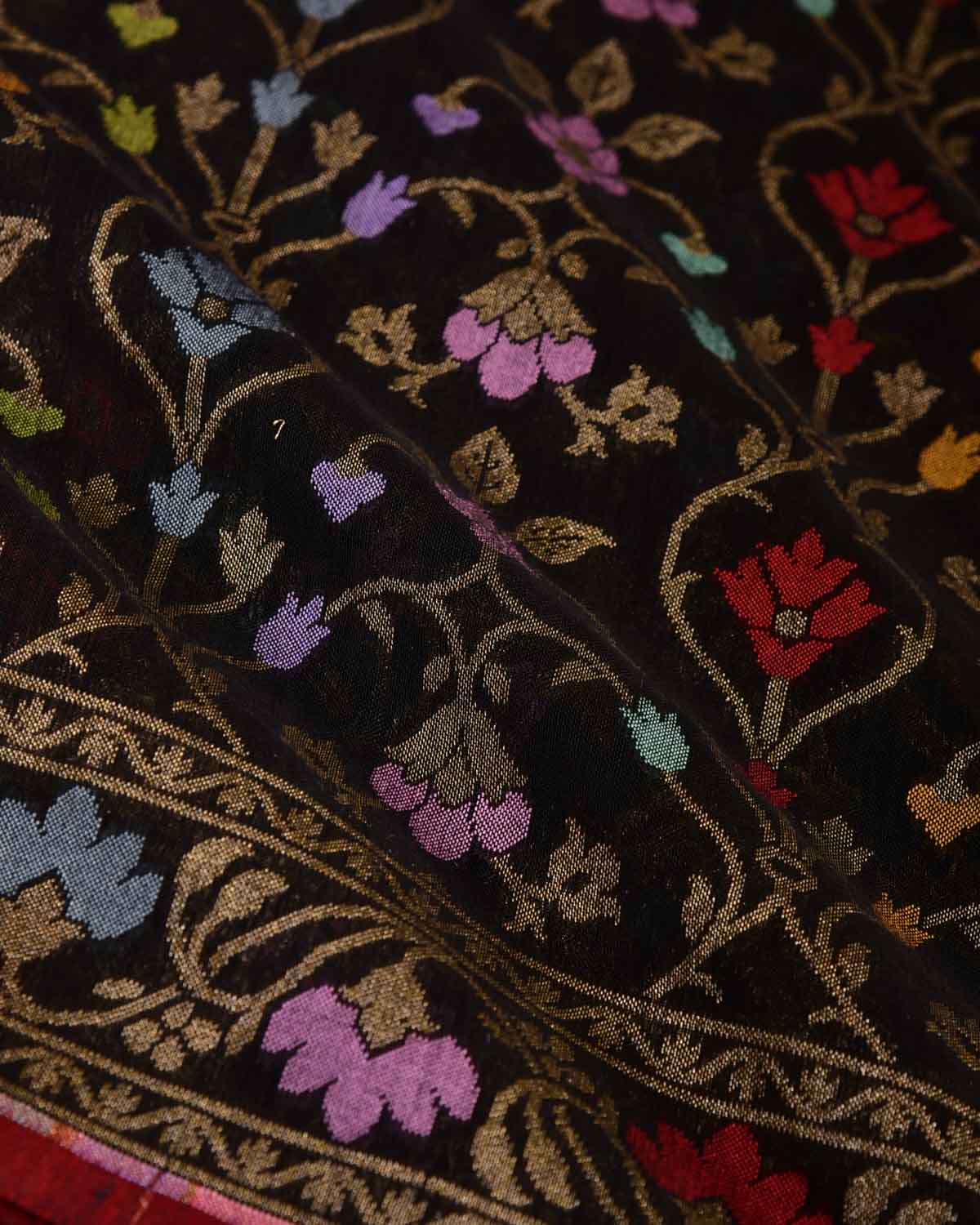 Black Krishnambari Gold Zari & Resham Cutwork Brocade Handwoven Cotton Banarasi Saree