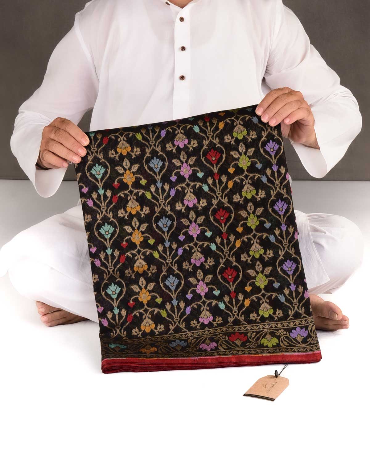 Black Krishnambari Gold Zari & Resham Cutwork Brocade Handwoven Cotton Banarasi Saree