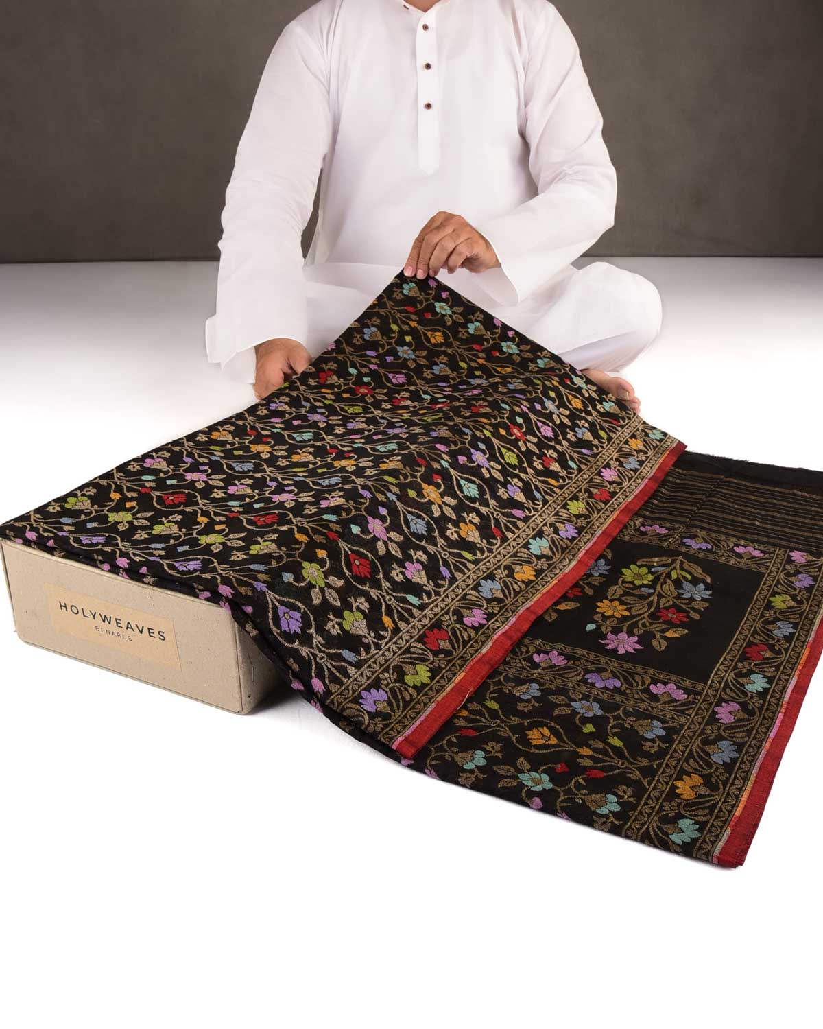 Black Krishnambari Gold Zari & Resham Cutwork Brocade Handwoven Cotton Banarasi Saree