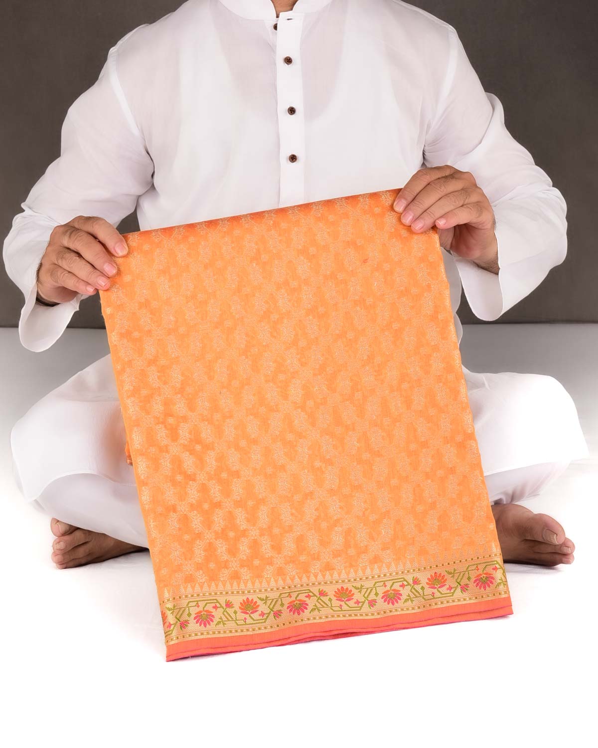 Orange Gold Zari Jaal Cutwork Brocade Woven Art Cotton Silk Banarasi Saree with Meenekari Border Pallu-HolyWeaves