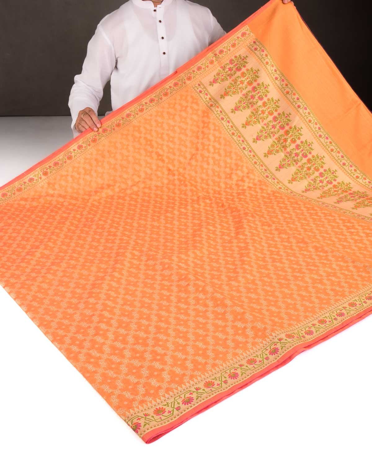 Orange Gold Zari Jaal Cutwork Brocade Woven Art Cotton Silk Banarasi Saree with Meenekari Border Pallu-HolyWeaves