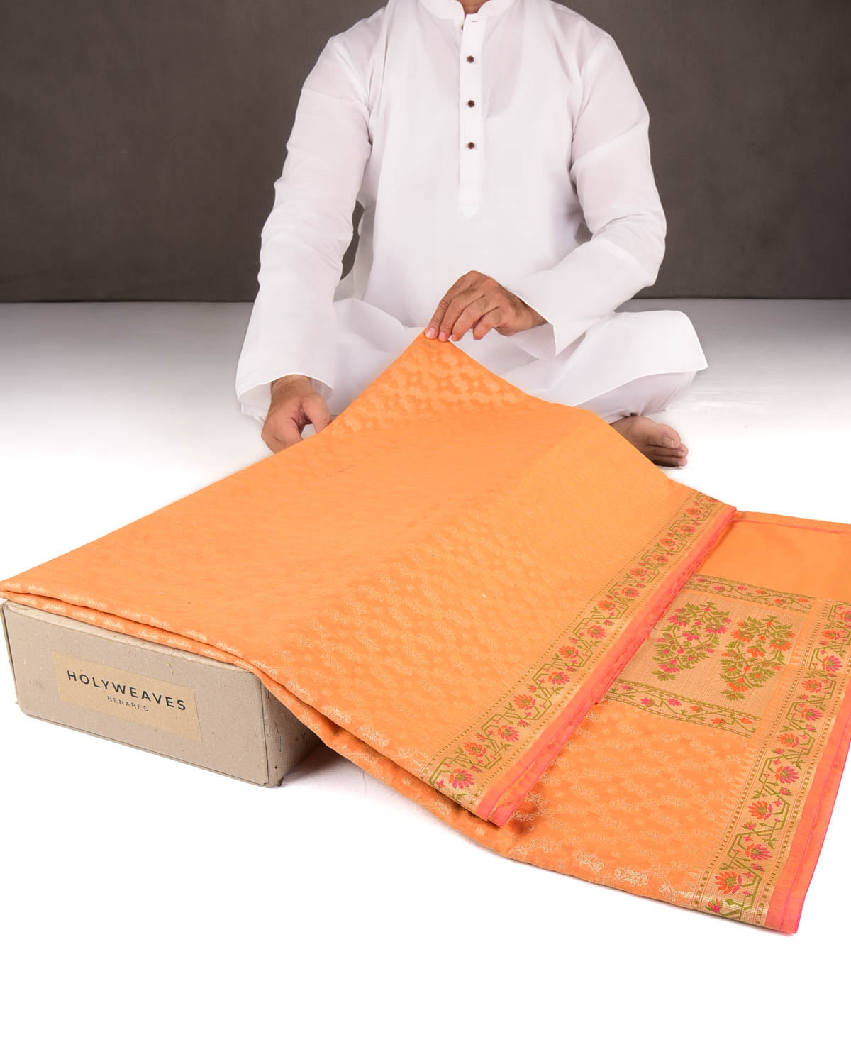 Orange Gold Zari Jaal Cutwork Brocade Woven Art Cotton Silk Banarasi Saree with Meenekari Border Pallu-HolyWeaves