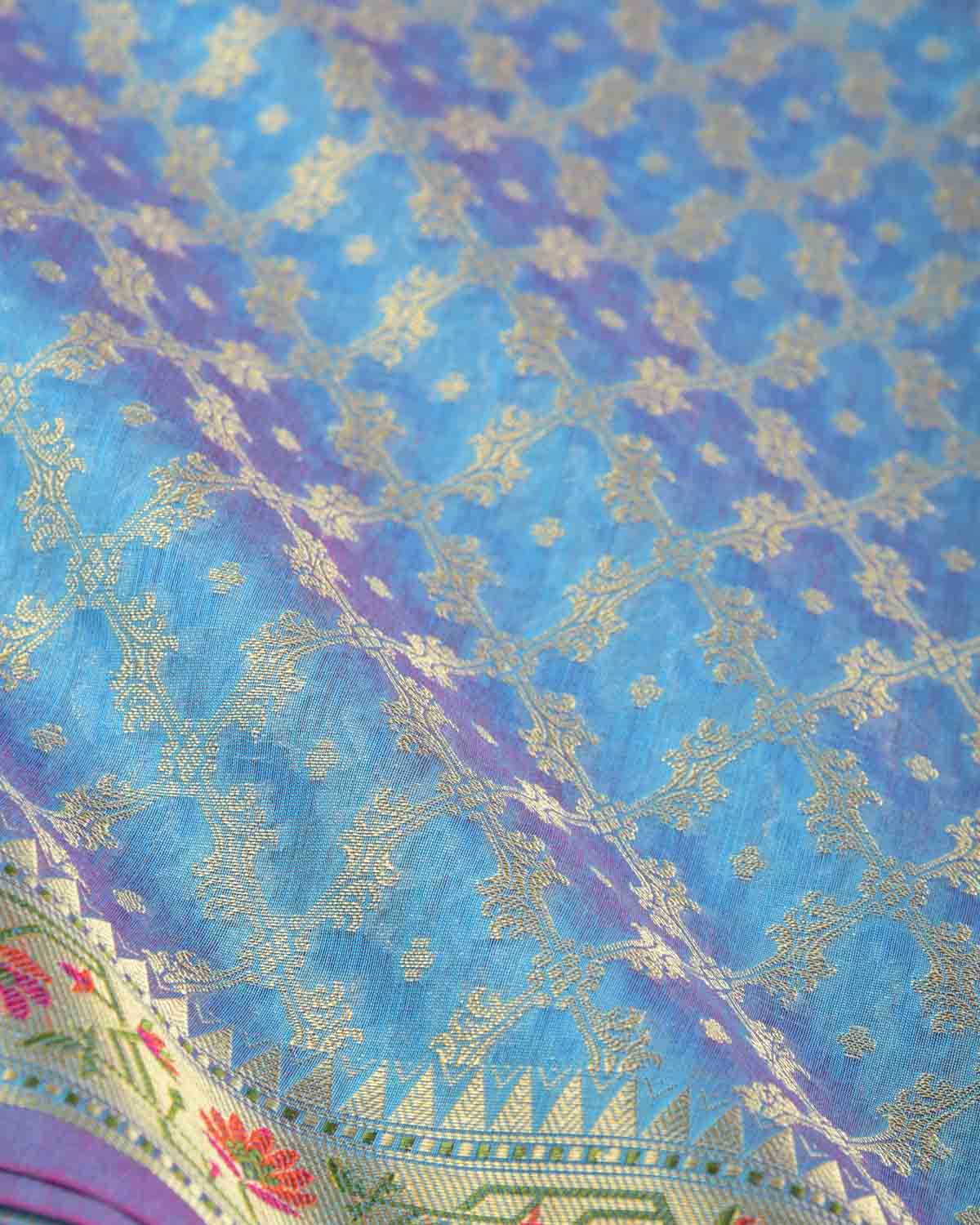 Blue Gold Zari Jaal Cutwork Brocade Woven Art Cotton Silk Banarasi Saree with Meenekari Border Pallu
