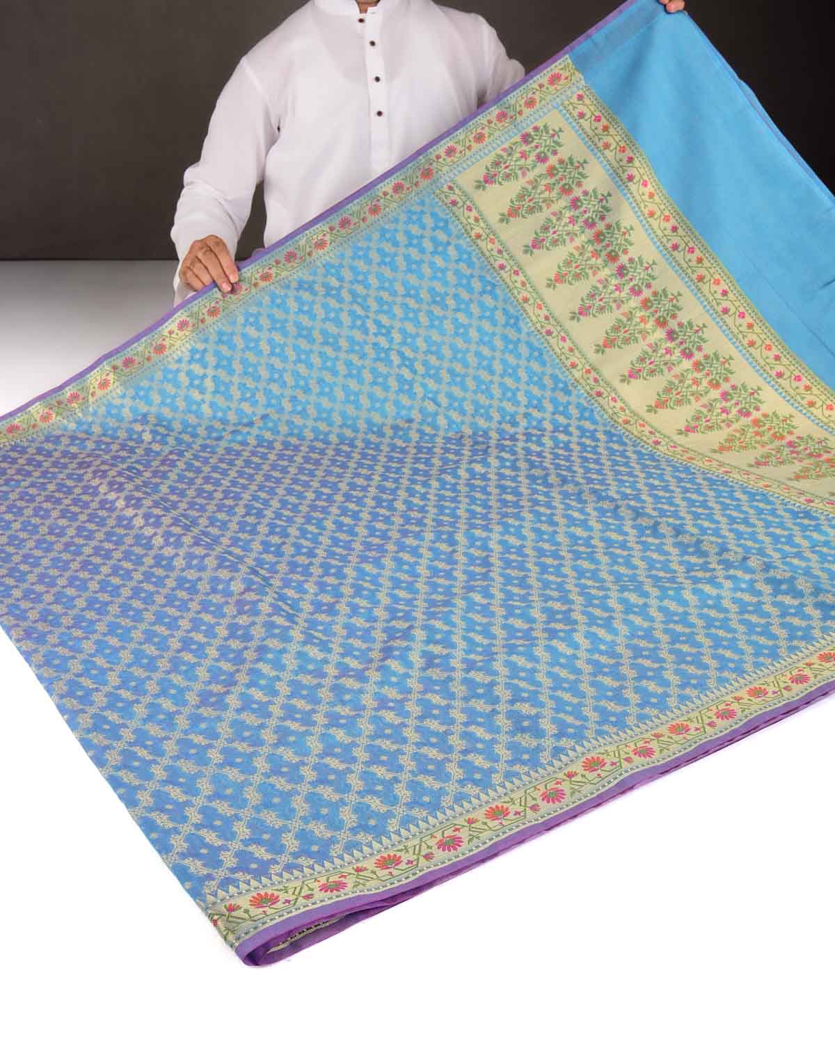 Blue Gold Zari Jaal Cutwork Brocade Woven Art Cotton Silk Banarasi Saree with Meenekari Border Pallu